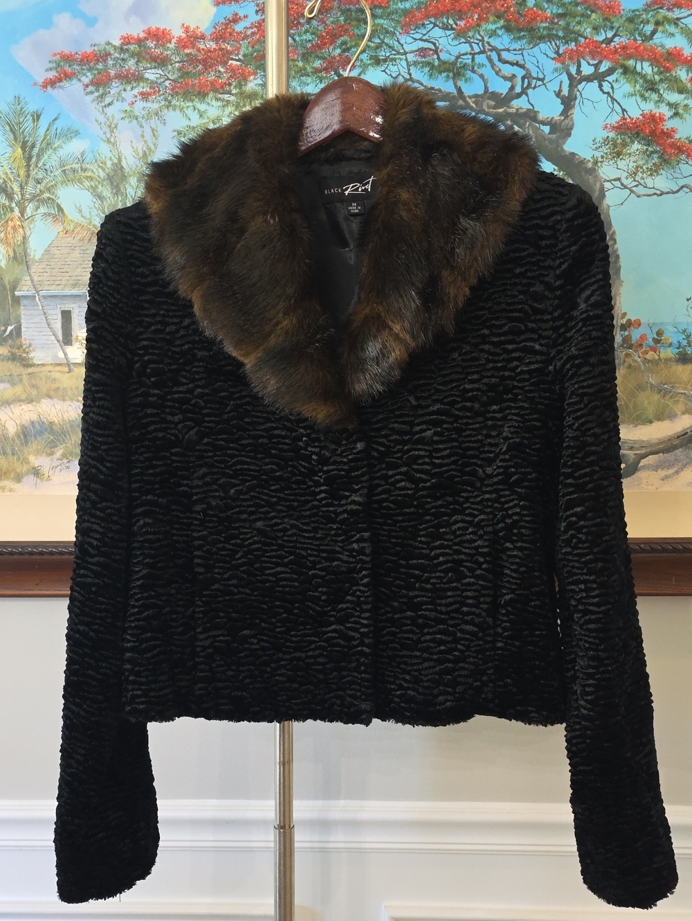 Black Rivet Black Jacket with Brown Faux Fur Collar